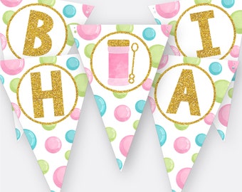 Bubble Happy Birthday Banner, Printable Bubble Party Banner, Bubble Birthday Party Decorations, Girl Bubbles Party Decor, Bubble Pennant