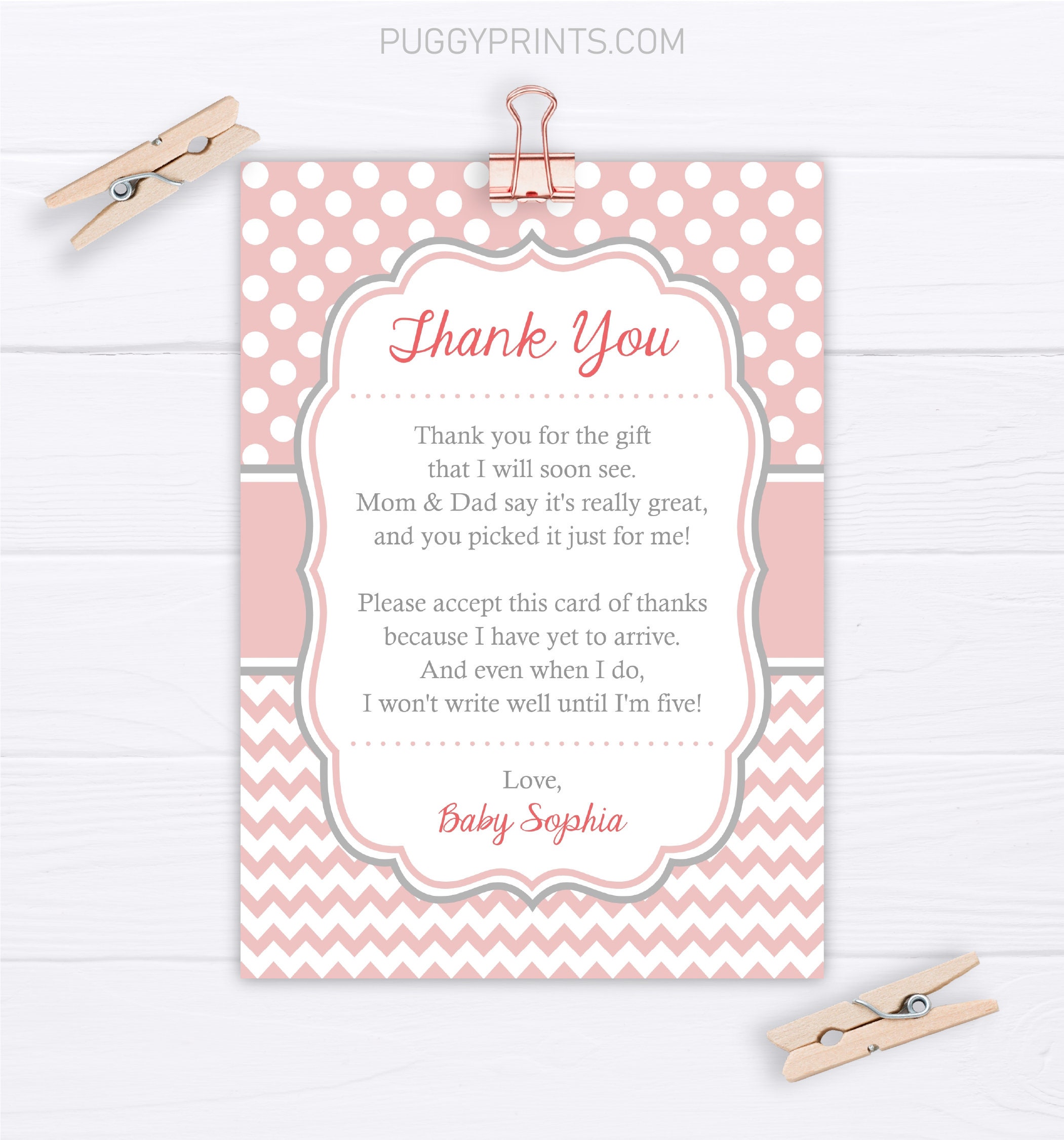 Baby Shower Thank You Card, Girl Baby Shower, Baby Sprinkle, Thank You  Cards From Baby, Blush Pink, Coral, Polka Dots, Editable Thank You 