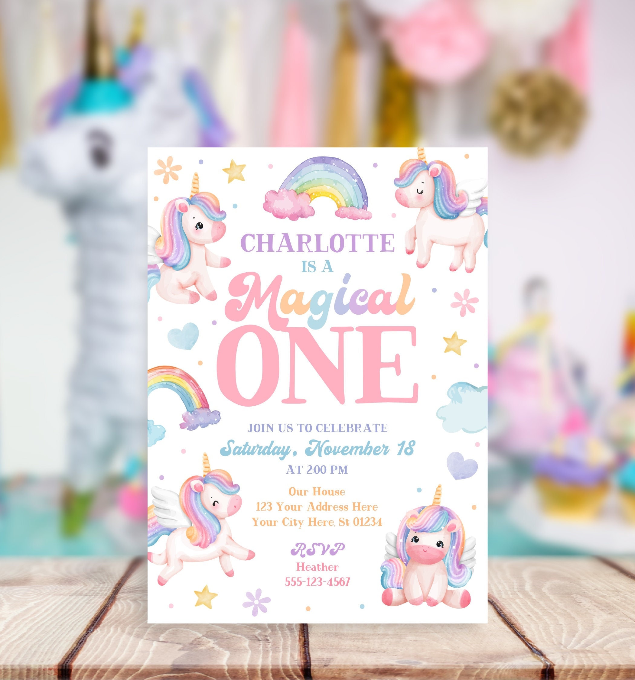Unicorn Birthday Invitation Editable Unicorn Invite Template Printable Girl Magical One Watercolors Rainbow First 1st Corjl Instant Download