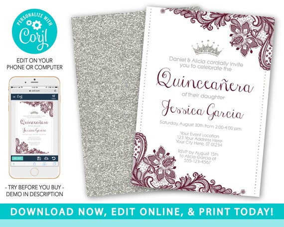 Quinceanera Invitation, Princess Quinceañera Invitation Template, Burgundy Lace & Silver Glitter, Elegant Quinceanera Printable, Mis Quince Il_570xn