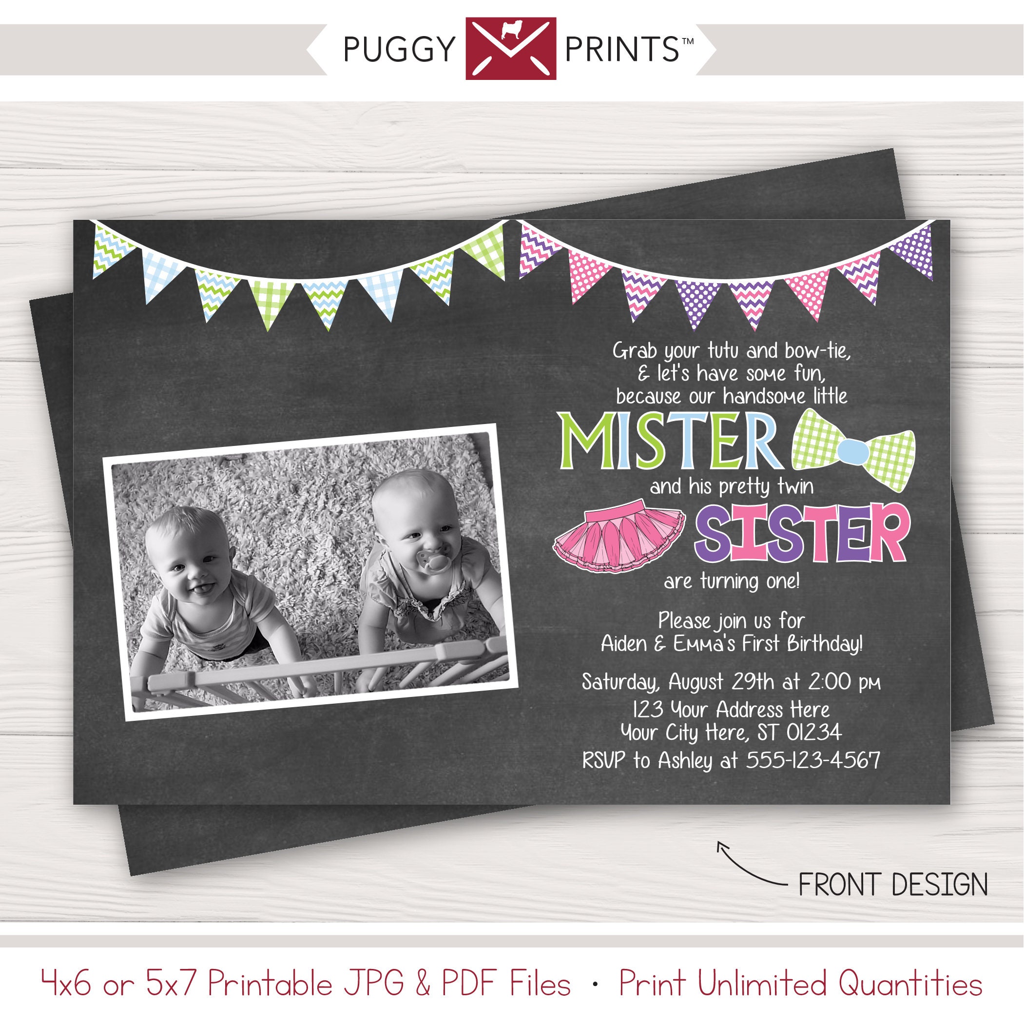 Twins Birthday Invitation Tutus and Ties Invitation Boy Etsy