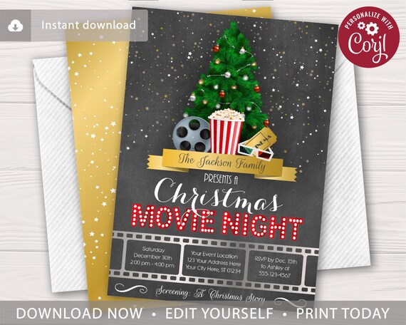 Christmas Movie Night Invitation Editable Template Online