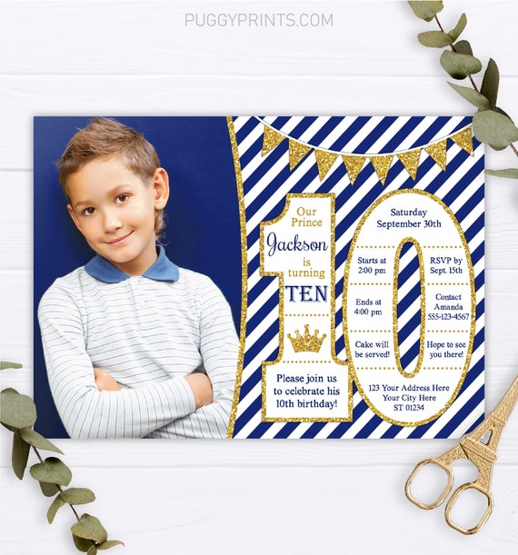 Prince 10th Birthday Invitation with Photo, Editable Prince Birthday Invitation Template, Boy's Tenth Birthday Party Invite, Blue and Gold Il_570xn
