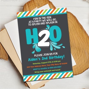 May include: A birthday party invitation with a dark gray background and turquoise water splash graphics. The invitation reads "Fun in the Sun" and invites guests to Aiden's 2nd Birthday. Includes date, time, address, and RSVP information.