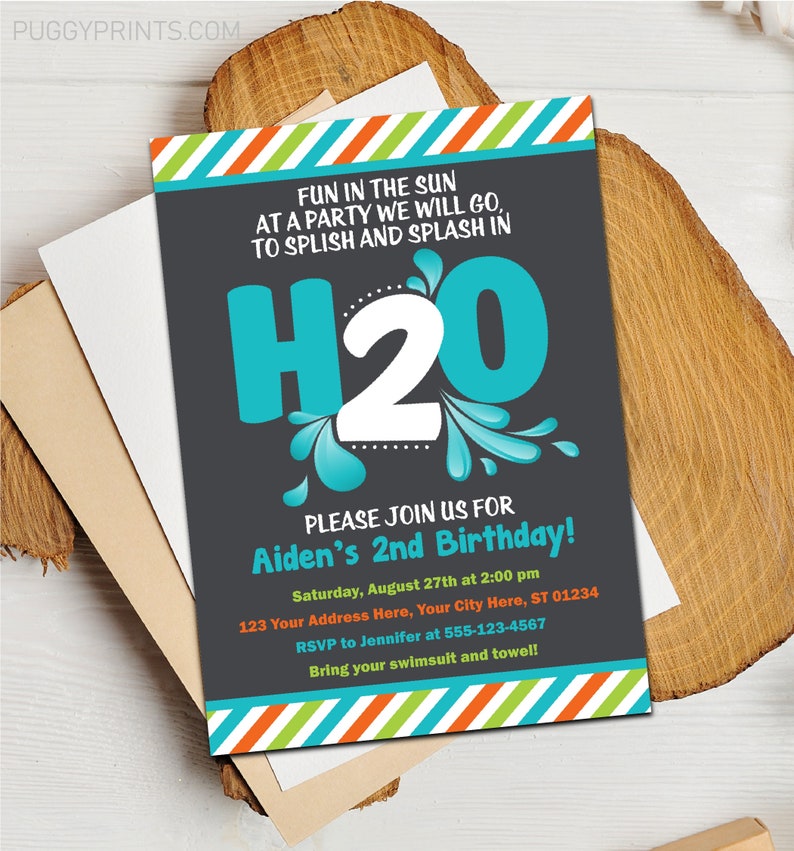 May include: A birthday party invitation with a dark gray background and turquoise water splash graphics. The invitation reads "Fun in the Sun" and invites guests to Aiden's 2nd Birthday. Includes date, time, address, and RSVP information.