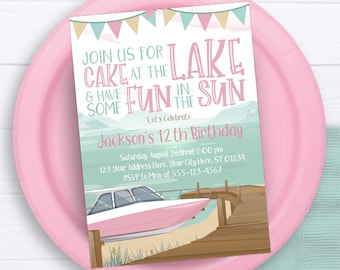 Invitación de cumpleaños en el lago: Fiesta en lancha rápida, campamento de verano para niñas (plantilla editable)