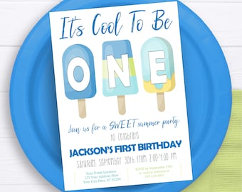 Invitación de primer cumpleaños con temática de paletas heladas, ¡Es genial tener UN año!, Dulce celebración, Invitación de paleta helada para niño, Invitaciones de cumpleaños de verano editables