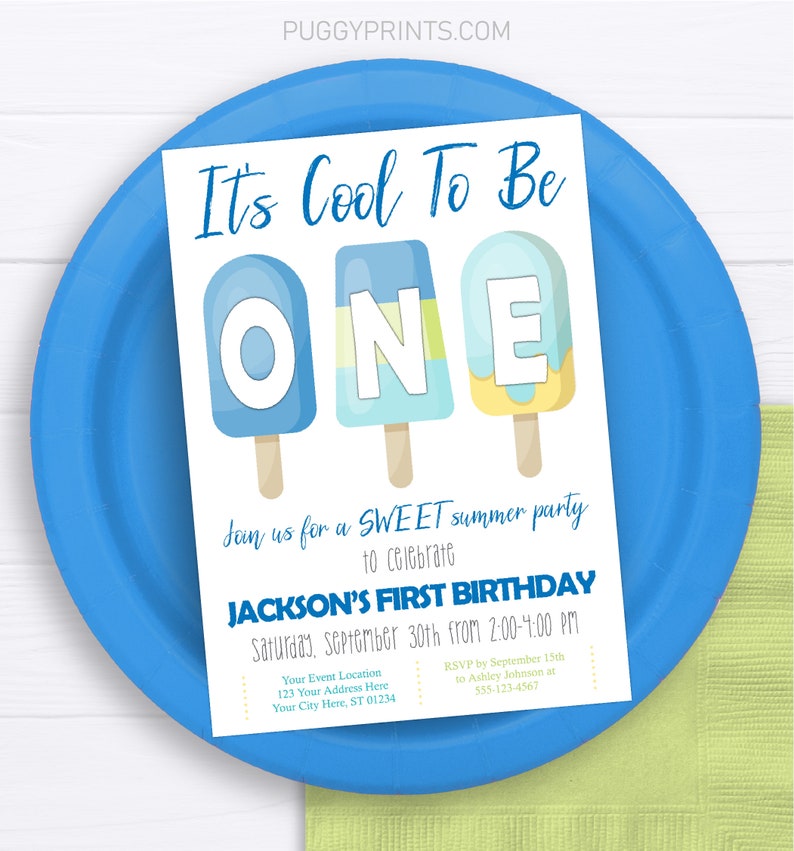Popsicle 1st Birthday Invitation, It's Cool to be ONE Invitations, Sweet Celebration, Boy Popsicle Invite, Editable Summer Birthday Invites image 1