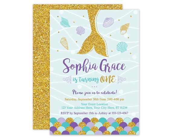 Mermaid Invitation, Mermaid Birthday Invitation, Mermaid Party, Under the Sea Invitation, Purple and Gold Glitter Invitation, Girl Birthday Il_570xn