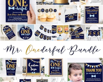 Mr. ONEderful Birthday Decor Bundle Editable Mr. ONE-derful Party Pack Template Printable Boy First Birthday Party Decorations Invitation