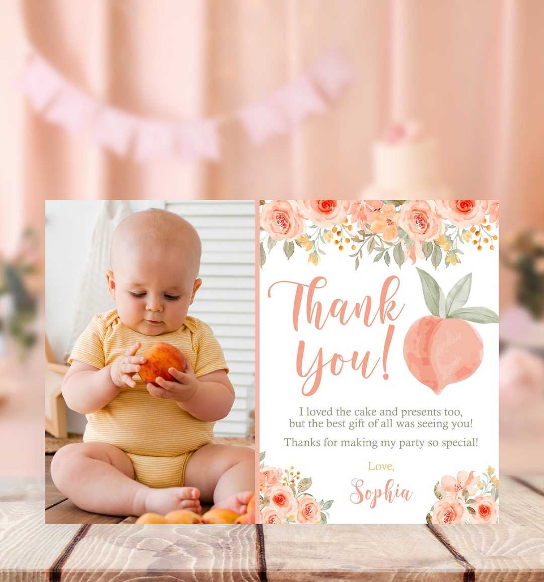 Editable Peach Birthday Thank You Card Printable Peach Floral First ...