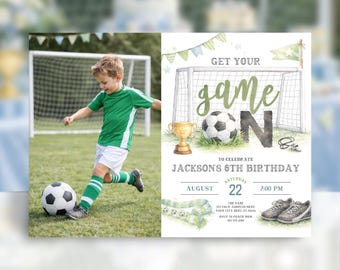 Game On Soccer Photo Invitation, Soccer Birthday Invite Boy, Sports Party Invite, Editable Kids Soccer Invite