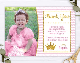 Princess Birthday Thank You Card with Photo, Editable Princess Thank You Card Template, Printable Pink and Gold First Birthday Thank You
