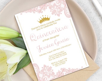 Quinceanera Invitation, Princess Quinceañera Invitation Template, Blush Pink & Gold Glitter, Elegant Quinceanera Printable, Mis Quince Años