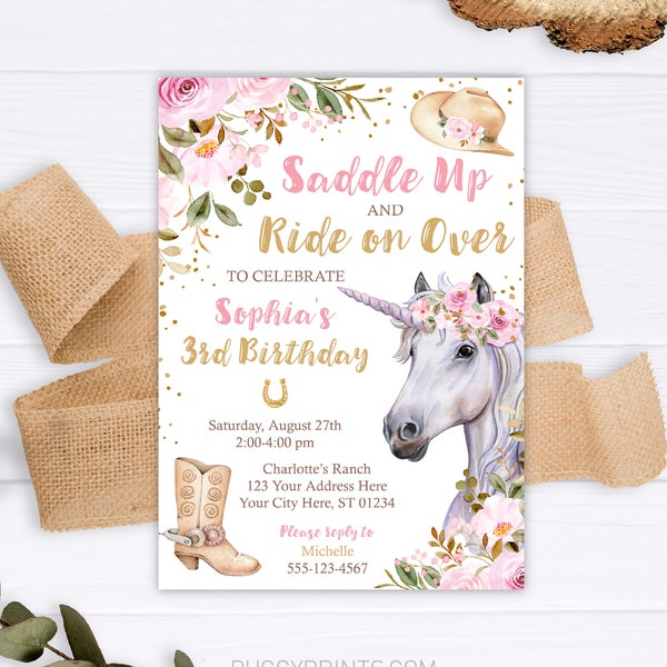 Unicorn Horse Birthday Invitation, Editable Horse Invitation Template, Printable Unicorn Horse Birthday Party Invitations, Floral Invite