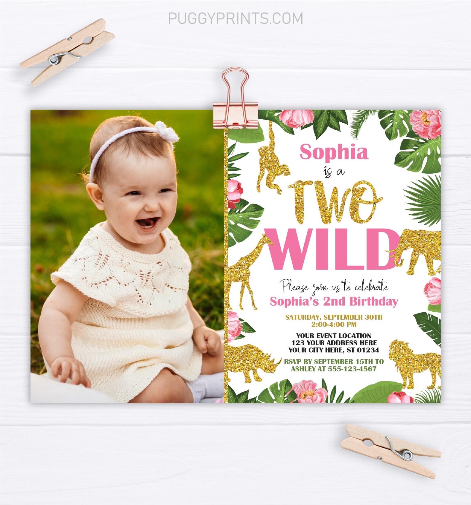 Two Wild Birthday Girl Invitation Safari Invitation Jungle Etsy