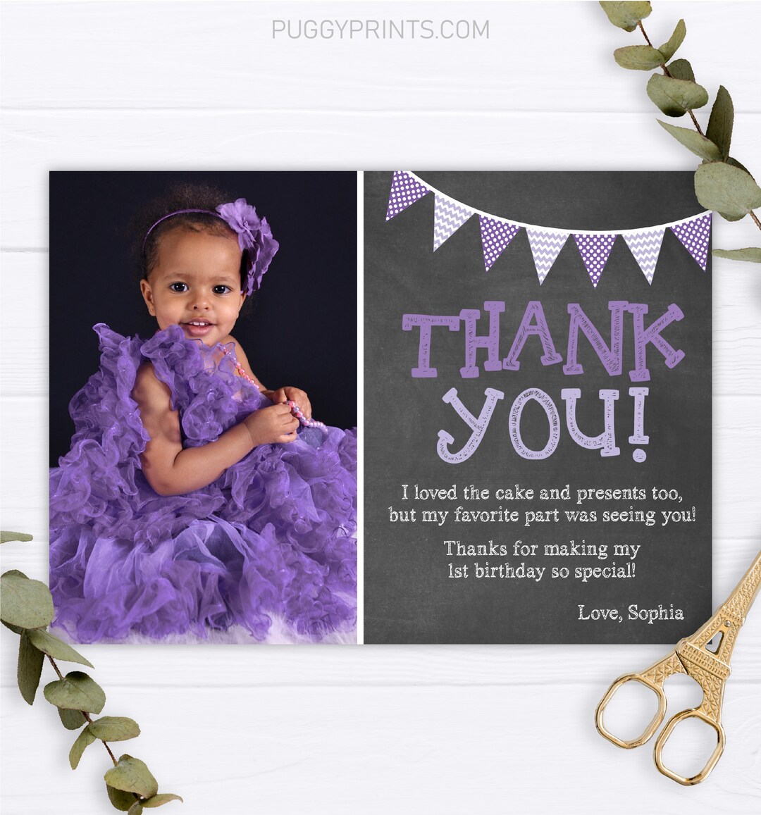 First Birthday Thank You Card With Photo, Chalkboard Thank You Card
