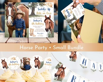 Horse Birthday Party Small Bundle | Editable Invitation, Banner, Cupcake Toppers & Thank You Card