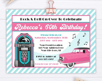 Sock Hop Birthday Invitation, Editable 1950&#39;s Invitation Template, Jukebox Invitation, Adult 60th Birthday Party Invite, Instant Download