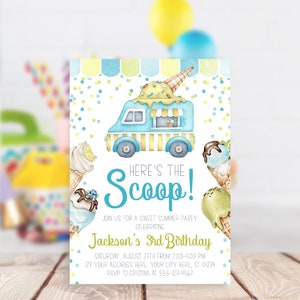 May include: A blue and yellow ice cream truck with the text "Here's the Scoop!" and "Jackson's 3rd Birthday". The invitation is for a summer party on August 27th from 2:00-4:00 PM. RSVP to Cristina at 555-123-4567.