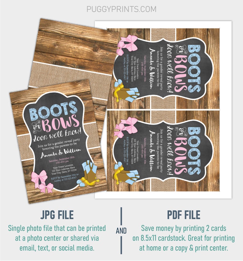Boots or Bows Gender Reveal Invitation Editable Template - Etsy