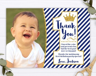 Prince First Birthday Thank You Card, Prince 1st Birthday Thank You Cards, Editable Thank You Notes, Prince Thank You, Royal Blue and Gold