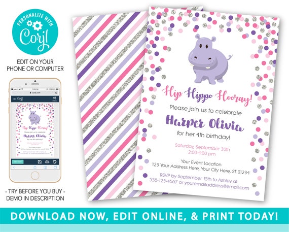 Hippo Birthday Invitation, Hippopotamus Invitation, Purple, Pink, Silver, Confetti Hippo Invite, Girl Hippo Birthday Party, Printable Invite Il_570xn