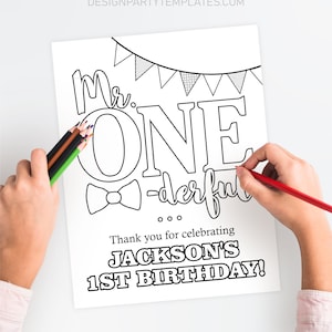 Mr. ONEderful Birthday Coloring Page, Editable Mr ONE derful Coloring Page Template, Printable Boy First Birthday Coloring Sheet Activity
