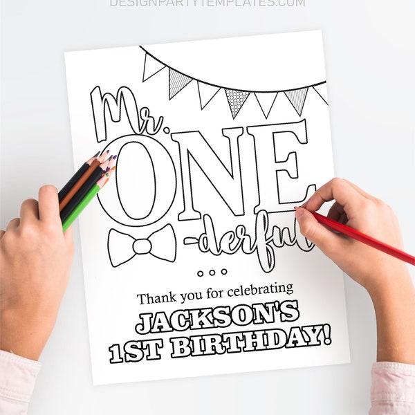 Mr. ONEderful Birthday Coloring Page, Editable Mr ONE derful Coloring Page Template, Printable Boy First Birthday Coloring Sheet Activity