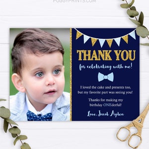 Mr. ONEderful Biglietto di ringraziamento, Biglietti di ringraziamento ONE-derful modificabili, Biglietto stampabile con papillon blu navy e oro