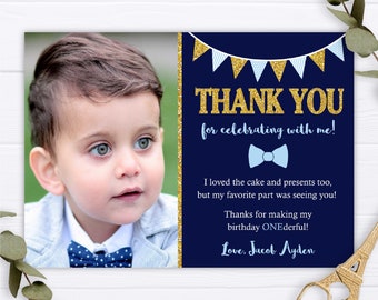 Mr. ONEderful Thank You Card, Editable ONE-derful Thank You Cards, Printable Navy and Gold Little Man Bow Tie Card