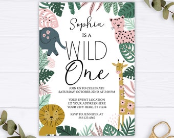 Safari Wild One Invitation, Editable Jungle First Birthday Invitation Template, Printable Girl Safari 1st Birthday Party Invite