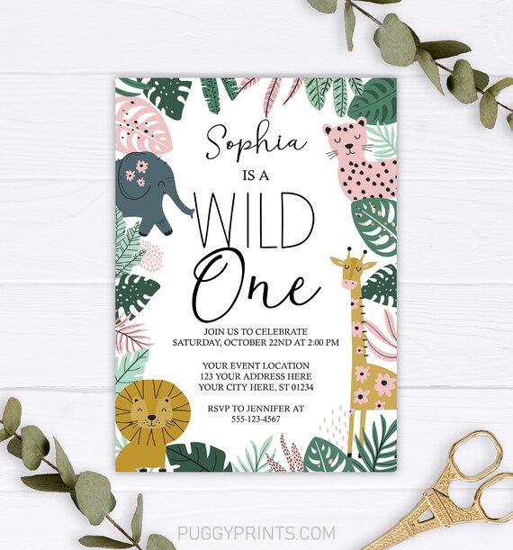 Safari Wild One Invitation, Editable Jungle First Birthday Invitation Template, Printable Girl Safari 1st Birthday Party Invite Il_570xn