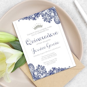 Quinceanera Invitations, Silver and Blue Glitter Quinceanera