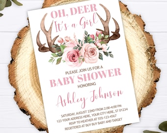 Deer Baby Shower Invitation, Editable Deer Antlers Invitation, Deer Horns Flowers, Oh Deer It's a Girl Baby Shower, Printable Invitations