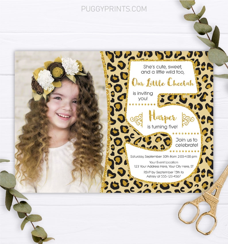 Cheetah 5th Birthday Invitation, Editable Cheetah Invitation Template, Printable Girl Safari Party Invite, Jungle Safari Invitations image 1