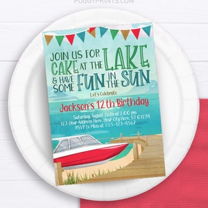 Lake Birthday Invitation: Speed Boat Party, Summer Fishing (Editable Template)