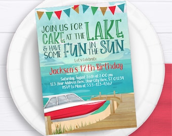 Lake Birthday Invitation: Speed Boat Party, Summer Fishing (Editable Template)