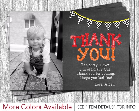 Race Car First Birthday Thank You Card - Monster Truck 1st Birthday Thank You Card - Chalkboard, Red, Orange, and Yellow Il_570xn