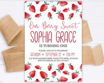Strawberry Birthday Invitation, Editable Strawberry Invitation, Printable Berry Sweet Strawberries Birthday Party, Girl First Birthday