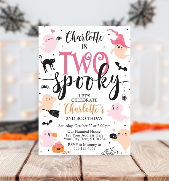Two Spooky Halloween Invitation, Editable Halloween Birthday Invitation Template, Printable Girl 2nd Birthday Invite, Second Birthday Party Il_570xn