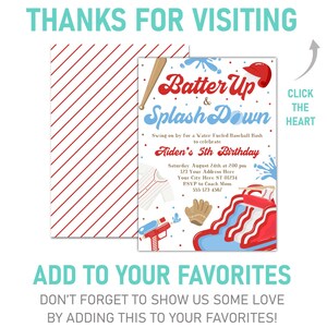 May include: A baseball-themed birthday party invitation with a red, white, and blue color scheme. The invitation features a cartoon baseball player, a baseball bat, a water gun, a baseball glove, and a red and white striped pool float. The text on the invitation reads "Batter Up & Splash Down" and "Aiden's 5th Birthday".