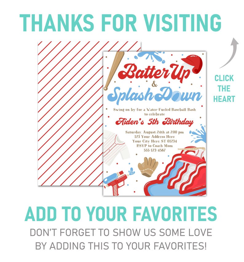 May include: A baseball-themed birthday party invitation with a red, white, and blue color scheme. The invitation features a cartoon baseball player, a baseball bat, a water gun, a baseball glove, and a red and white striped pool float. The text on the invitation reads "Batter Up & Splash Down" and "Aiden's 5th Birthday".