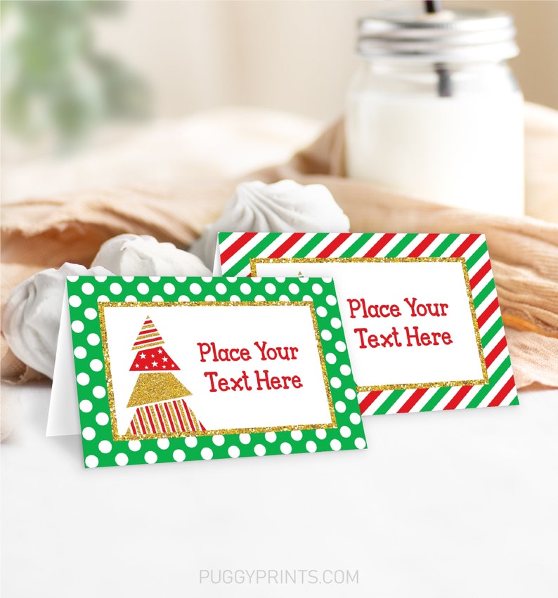 Christmas Party Place Cards, Editable Christmas Tent Card Template, Printable Christmas Tree Holiday Food Labels, Xmas Name Place Cards image 1