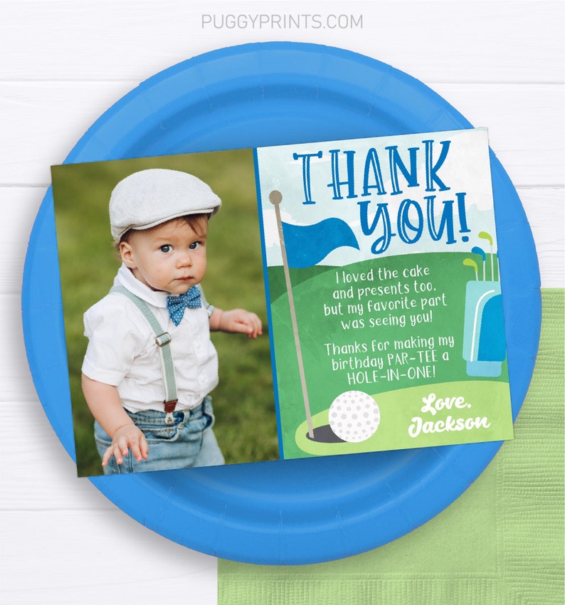 Hole in One Thank You Card, Editable Golf Birthday Thank You Card Template, Printable Golfing Thank You Note, Boy First Birthday Golf Party image 1