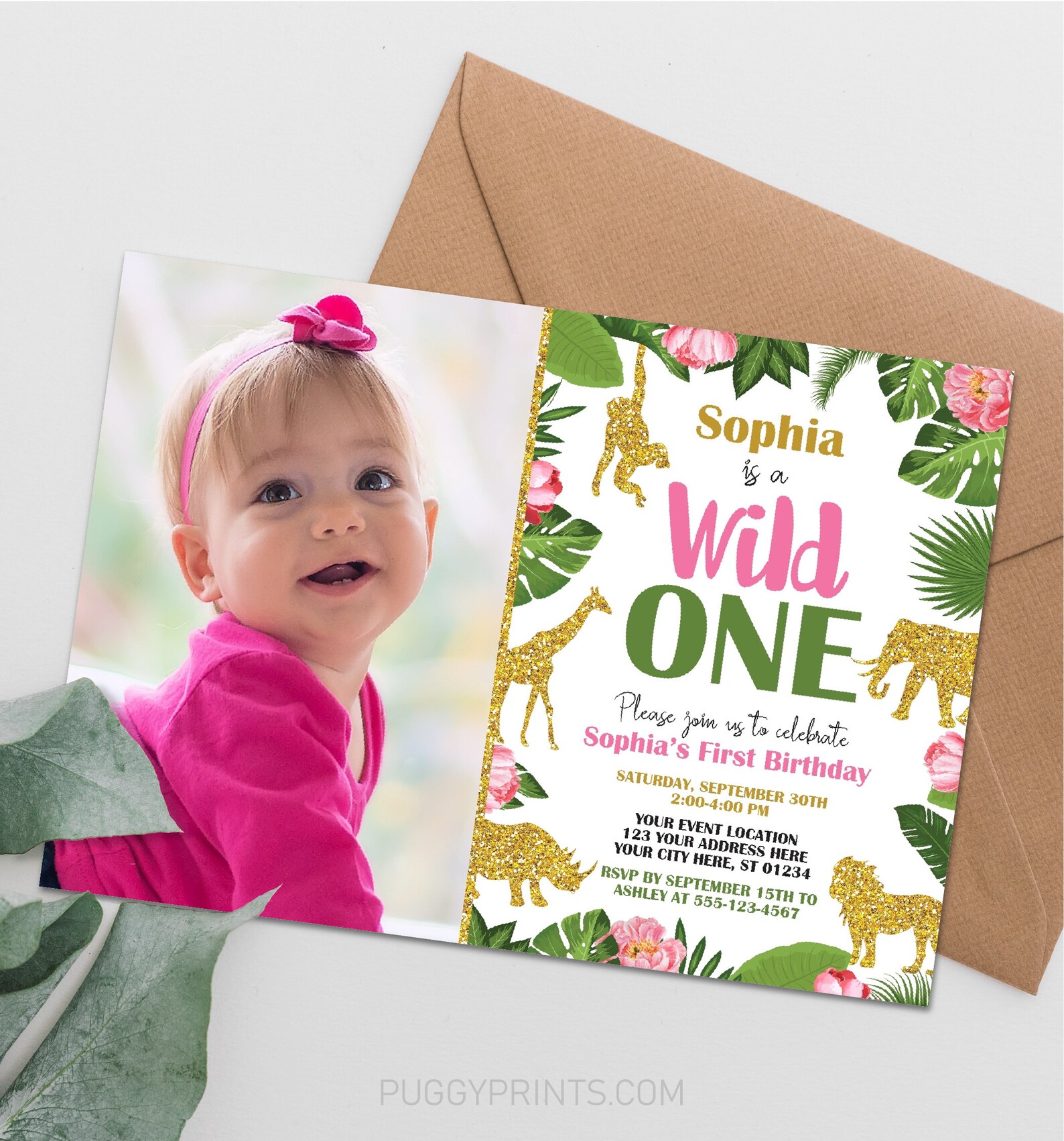 Wild One Birthday Invitation Girl Safari Invitation Jungle Etsy