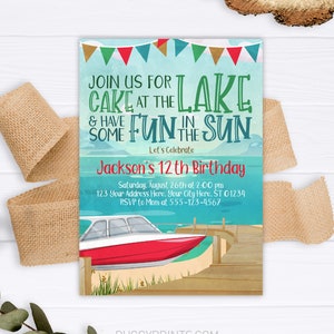 May include: A blue and green birthday invitation with a red and white boat on a lake. The invitation says "Join us for cake at the lake & have some fun in the sun. Let's celebrate Jackson's 12th birthday. Saturday, August 26th at 2:00 pm. 123 Your Address Here. Your City Here, ST 01234. RSVP to Mom at 555-123-4567."