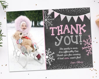 Winter Onederland Thank You Card, Editable Winter Wonderland Thank You Card, Snowflake Birthday Thank You Card, Girl First Birthday, Pink