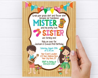 Luau Twins Birthday Invitation, Editable Luau Siblings Birthday Invitation, Printable Luau Mister and Sister Invitations, Hawaiian Summer