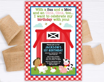 Farm Birthday Invitation, Editable Farm Invitation Template, Printable Barnyard Birthday Party Invitations, Farm Animals Invite, Red Barn